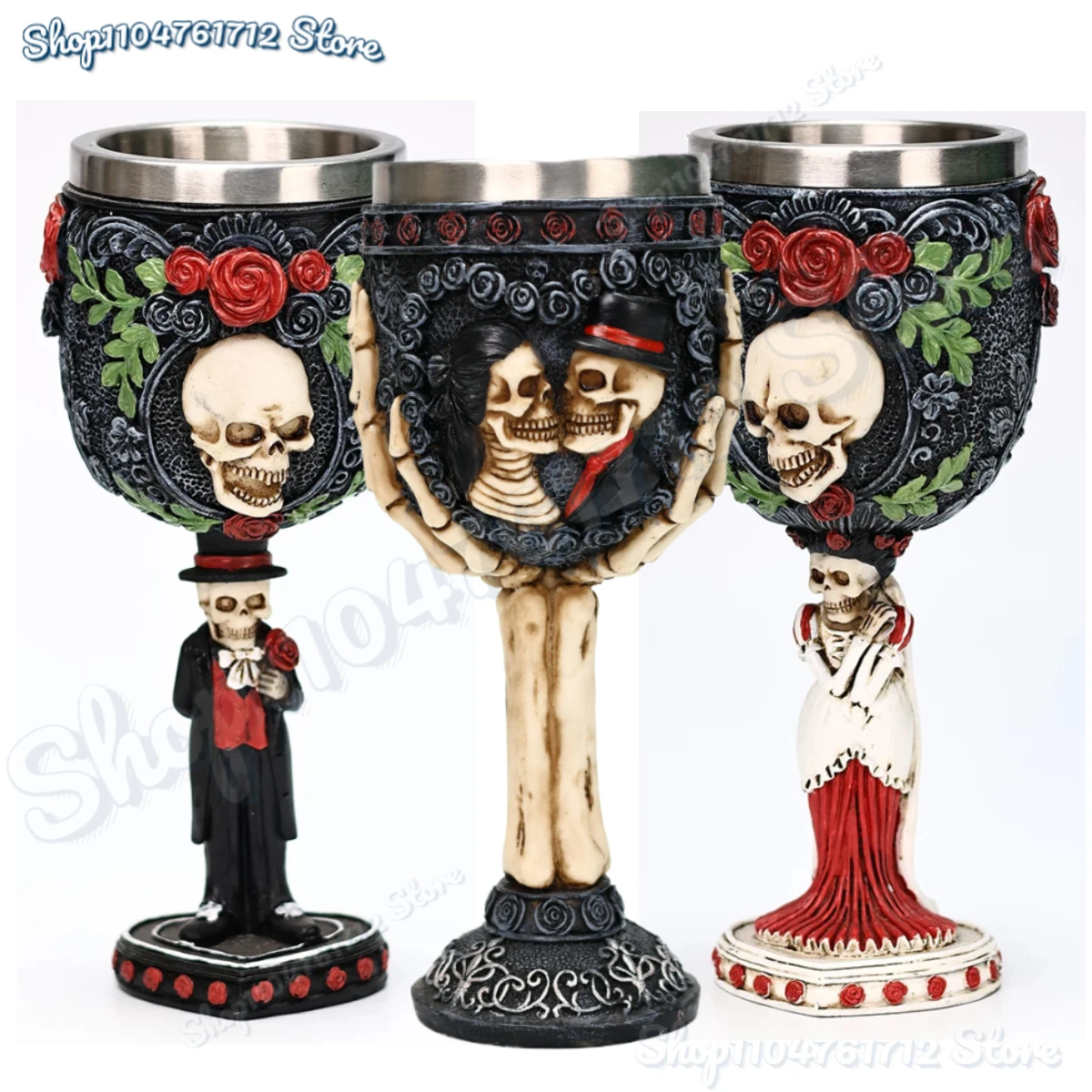

Gothic Goblet Day Of The Dead Skeleton Skull Goblet Day of the Dead Halloween Bride And Groom Black Roses Wine Cup Friends Gift