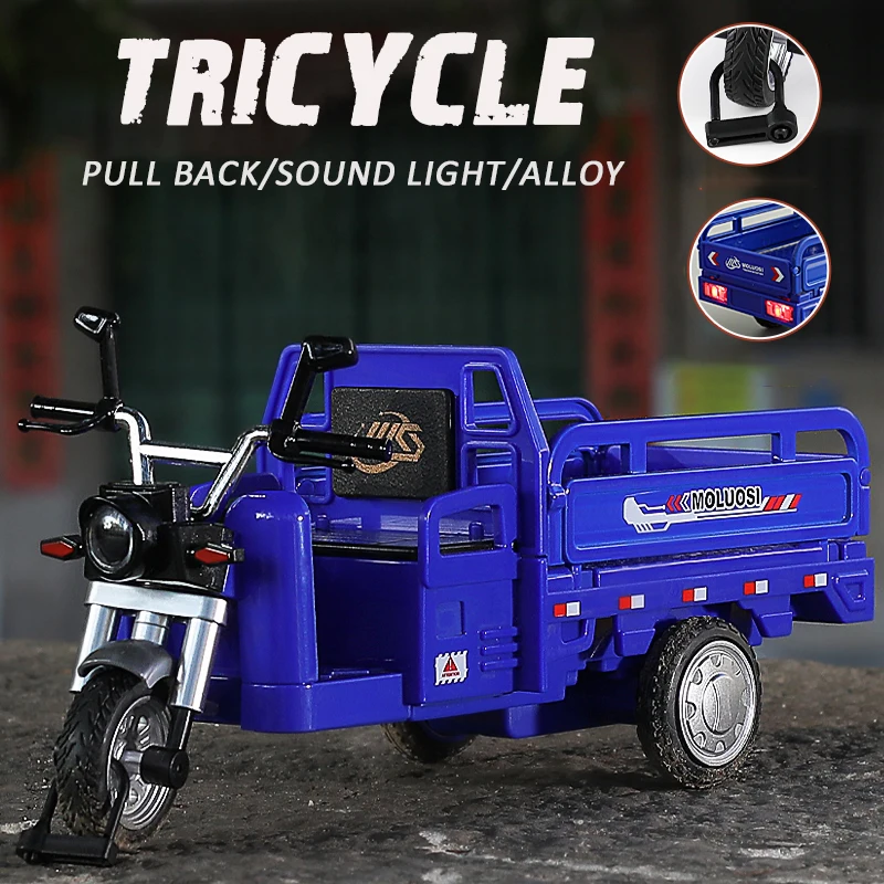 Tricycle Alloy Nostalgic Retro Courier Three wheel Diecast Metal Motorcycle Model Simulation Sound Light Hot Sale Kids Toy Gifts