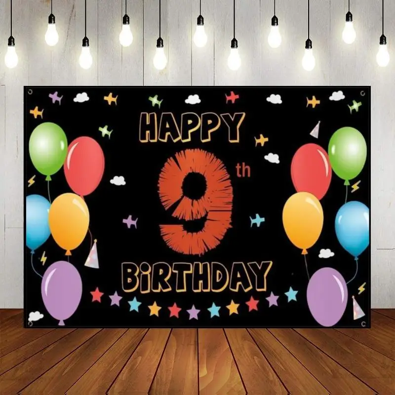 Happy 9th Birthday Baby Room Decoration Game Background Photo Balloon Cake Stand Red Green Screen Boy Schoolring Children Banner