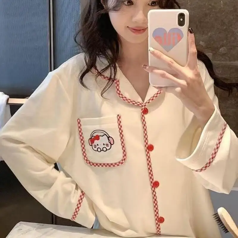 

Sanrio Hello Kitty Young Girl Pajamas Kawaii Cartoon Student Autumn and Winter Long Sleeves Long Pants De Rong Homewear Set