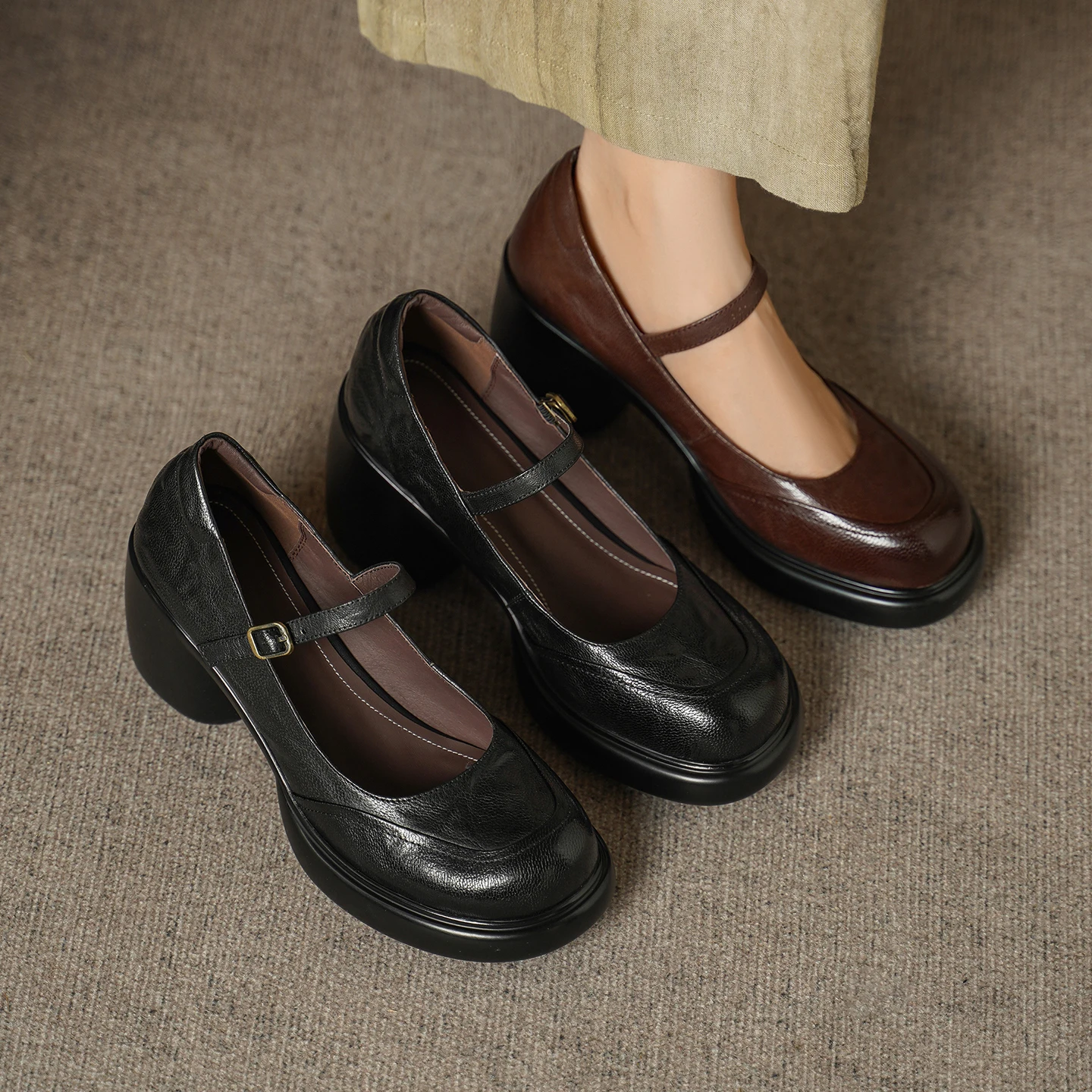 2026 new spring autumn women pumps natural leather 22-25cm soft sheepskin+pigskin ankle-buckle mary janes high heel women shoes