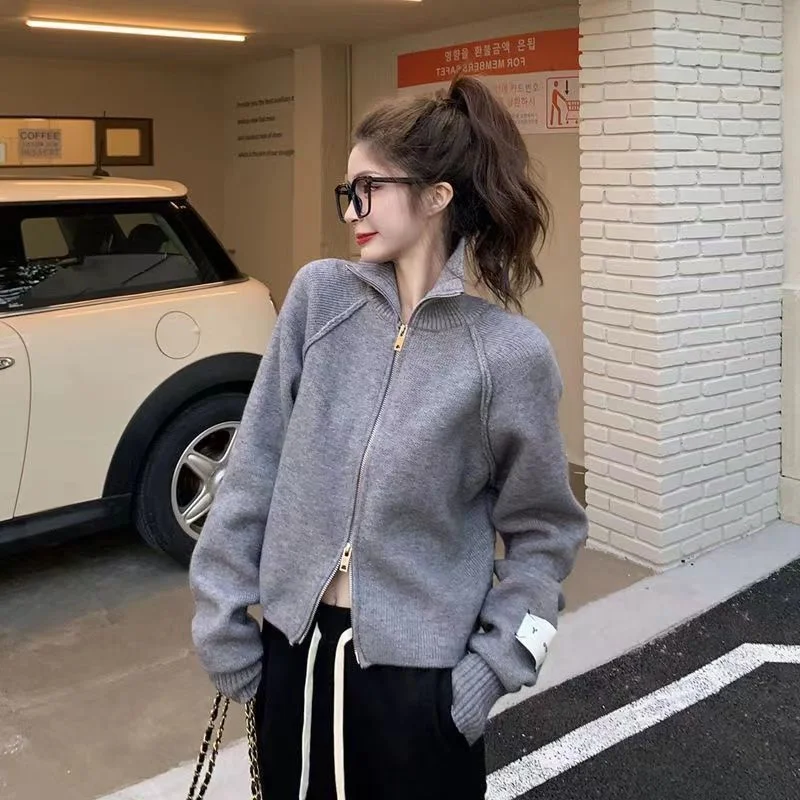 High Neck Cardigan Sweater Women Small Short Double Zipper Design Long Sleeve Solid Autumn Winter Knitted Cardigan Sweater