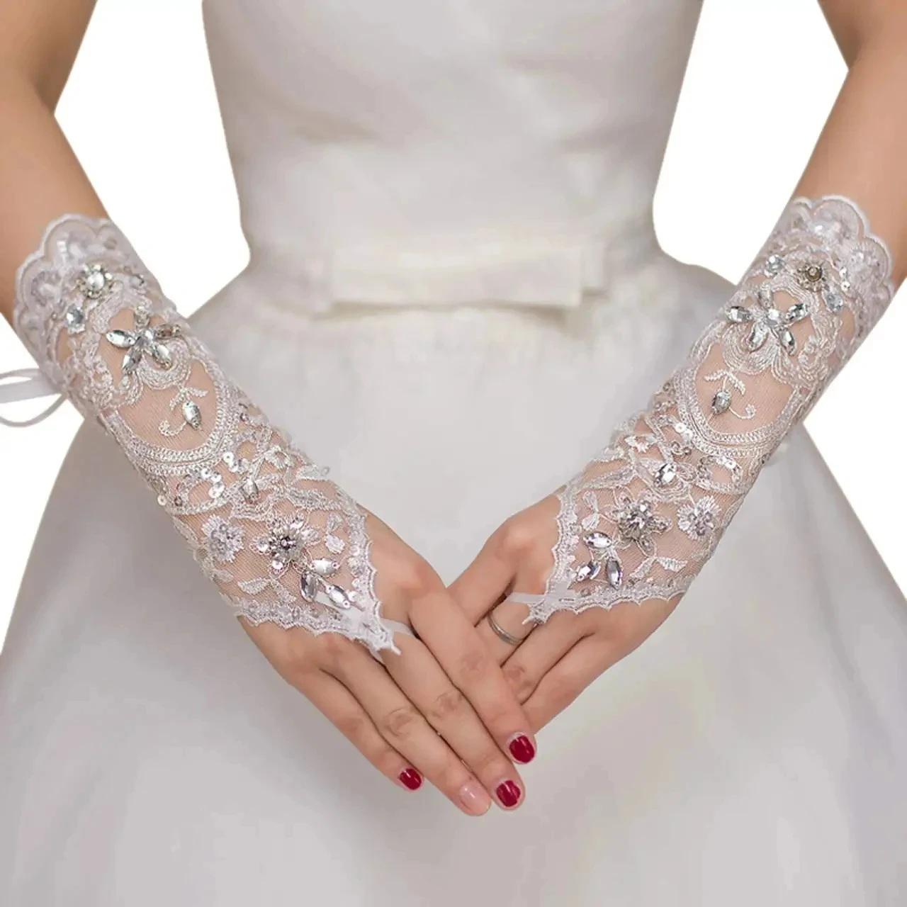 Bridal Mid-length Gloves Opera Fingerless Lace Glitter Crystals  Elbow Length Mittens Hook Finger Wedding Party Gloves