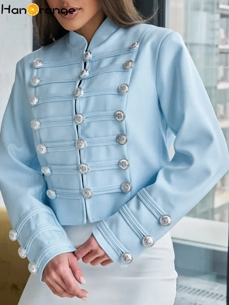 Women Vintage Military Style Cropped Jacket Stand Collar Silver Buttons Decor Slim Short Outerwear Elegant Party Commuter Blazer