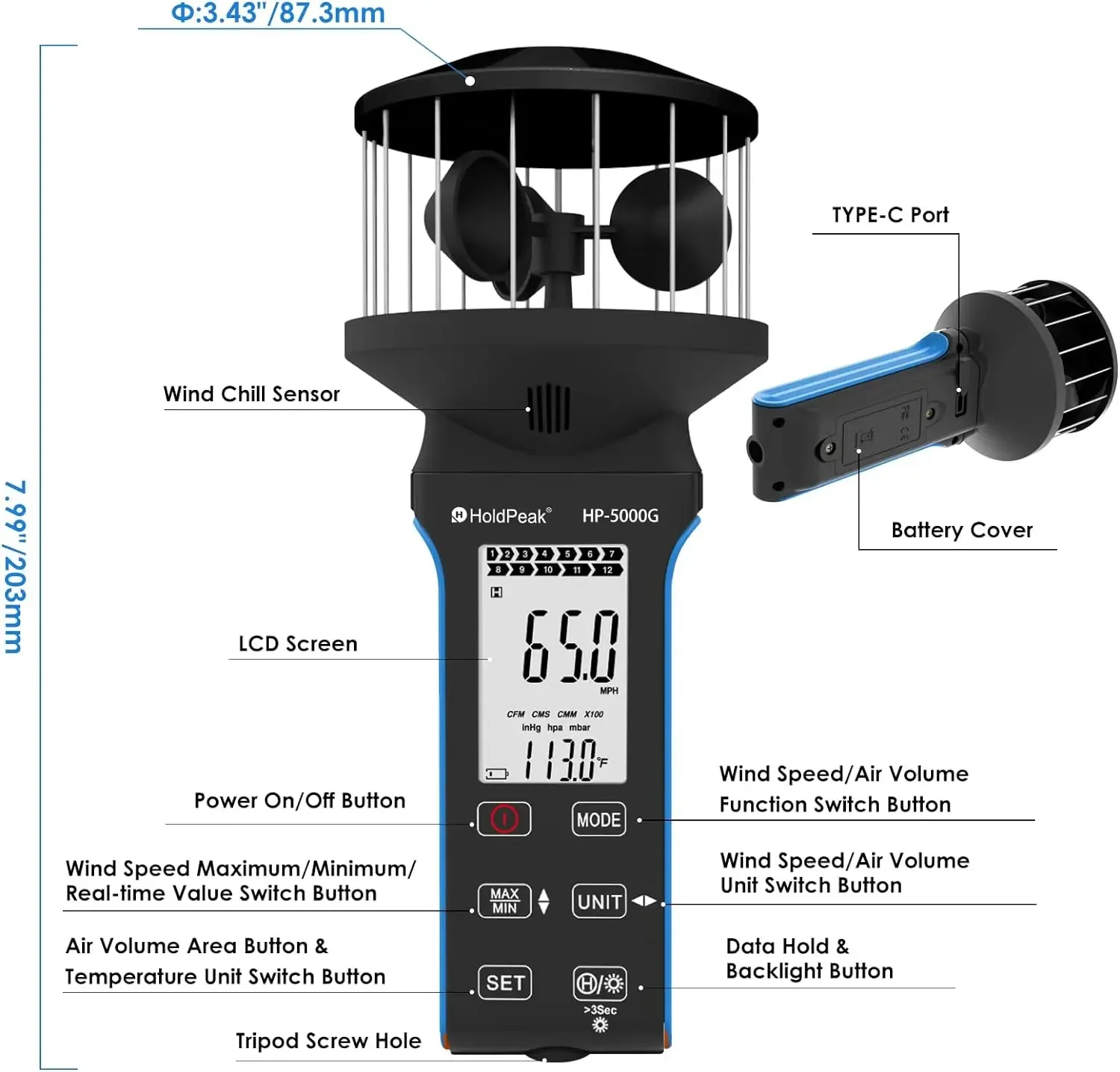 BTMETER Blue Anemometer Wind Speed Air Volume Temperature Measurement Backlight  Multi-Function Anemometer,BT-5000G