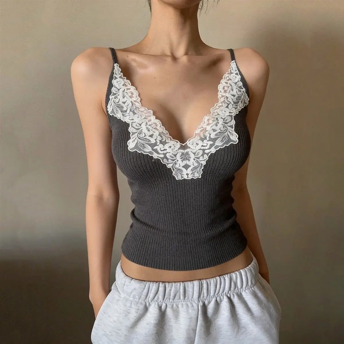 

Women's Sexy Niche Lace Splicing V-neck Low-cut Design Vest with Built-in Padded Straps