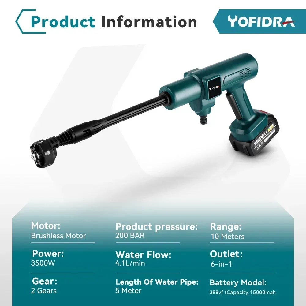 YOFIDRA 200Bar Brushless Electric Water Gun 6-in-1 Nozzles Car Cleaning Garden Watering Suit for Makita 18V Battery Spray Gun