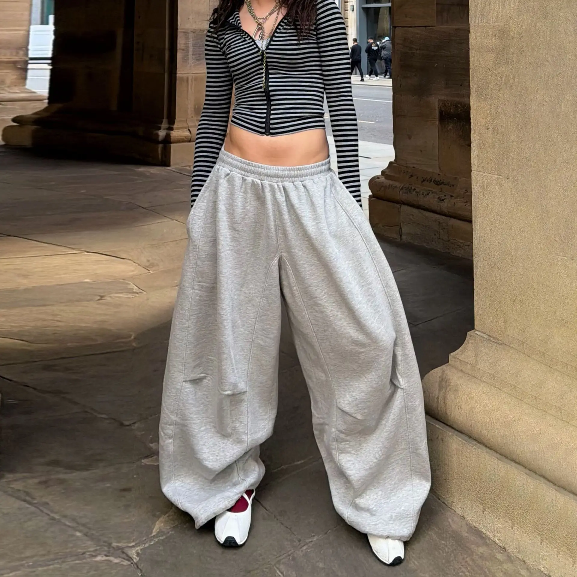 American street style pure color simple curved-leg wide-leg drawstring casual trendy multi-purpose sporty knitted long pants Y2K