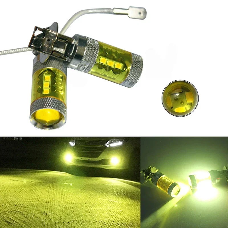 2pcs 12-24V H3 80W 16SMD LED Car Fog Light Bulb Turn Signal Lamp Bulbs Universal Yellow High Power Truck Car Accessories