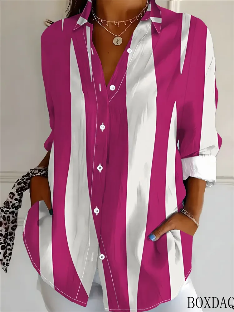 2026 New Women's Autumn Blouse Simple And Fashionable Long Sleeved Lapel Button Striped Printed Shirt Women's Commuting Clothing