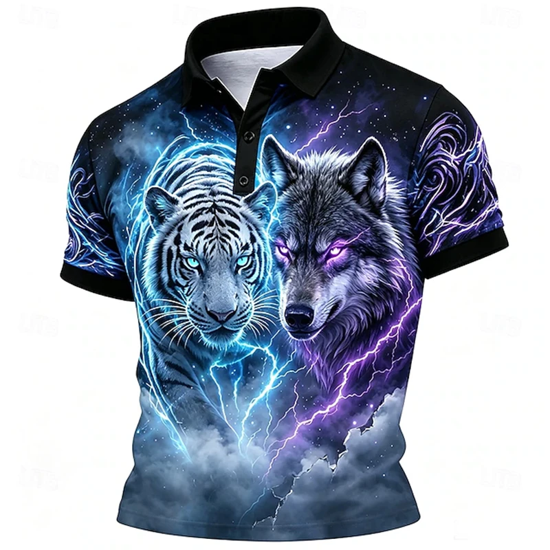 2026 New Men's Lapel Polo Shirt Short-Sleeve Tiger Wolf Print Loose Plus-Size Fit Button-Front Casual Athletic Style Top