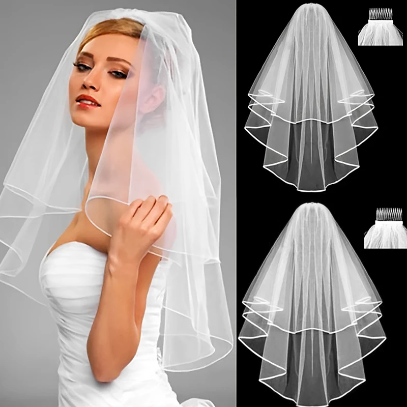 

Short Tulle Wedding Veils Two Layer With Comb Cheap White Ivory Bridal Veil for Bride for Marriage Wedding Accessories