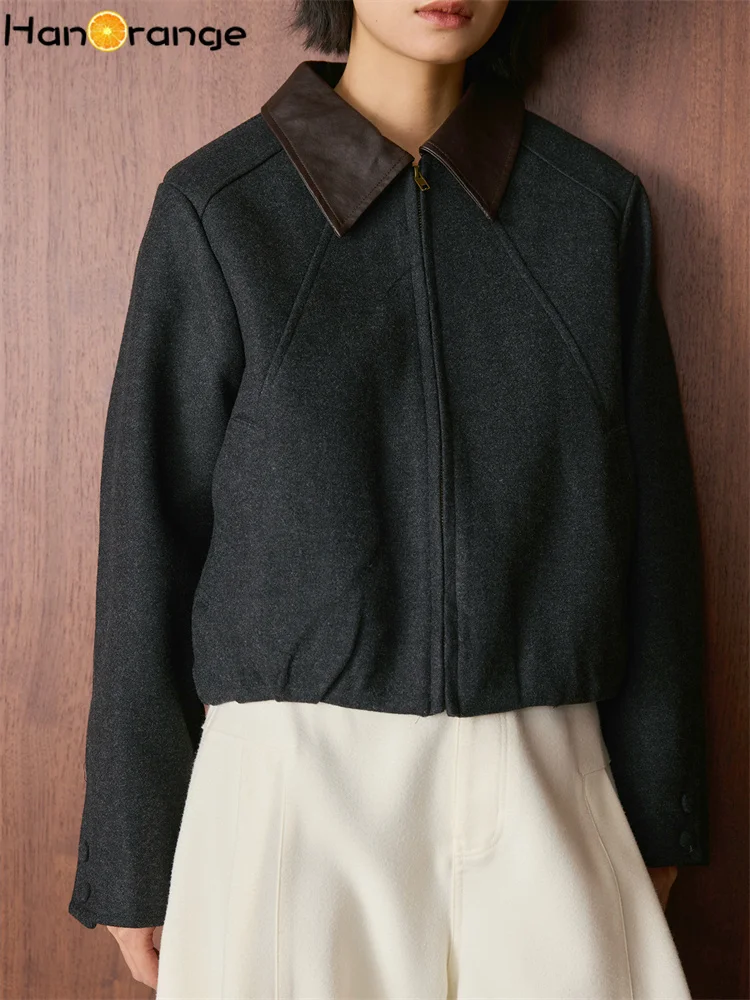 

HanOrange 2025, зимняя ретро модная короткая шерстяная куртка из искусственной кожи с лоскутным воротником, женская удобная повседневная куртка серого/коричневого цвета