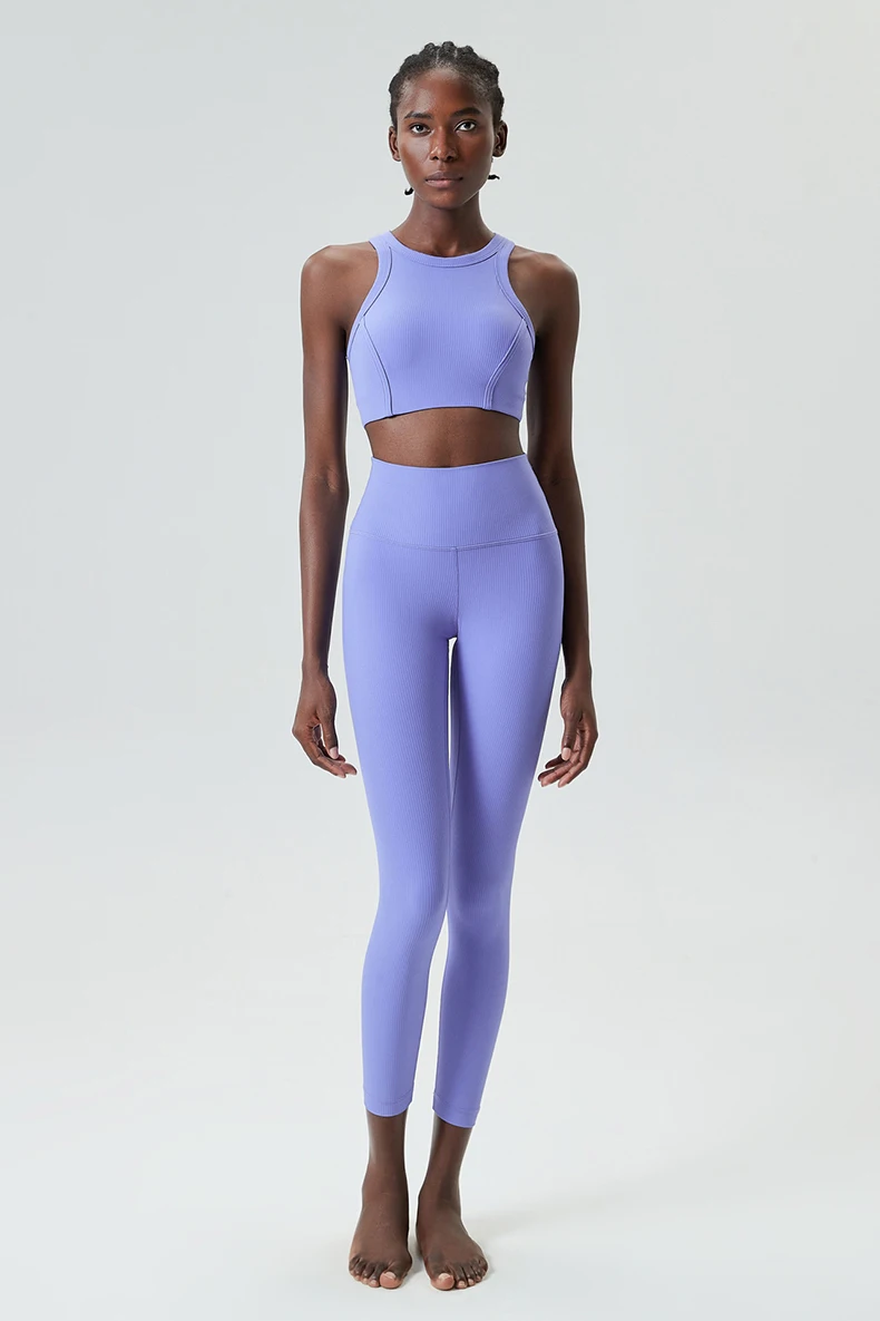 High Impact Gym Anzug Frauen Gerippter Stoff Zwei Stücke Fitness Yoga Set Slim Fit Dehnbare Laufsport Workout Kleidung – Detail 12