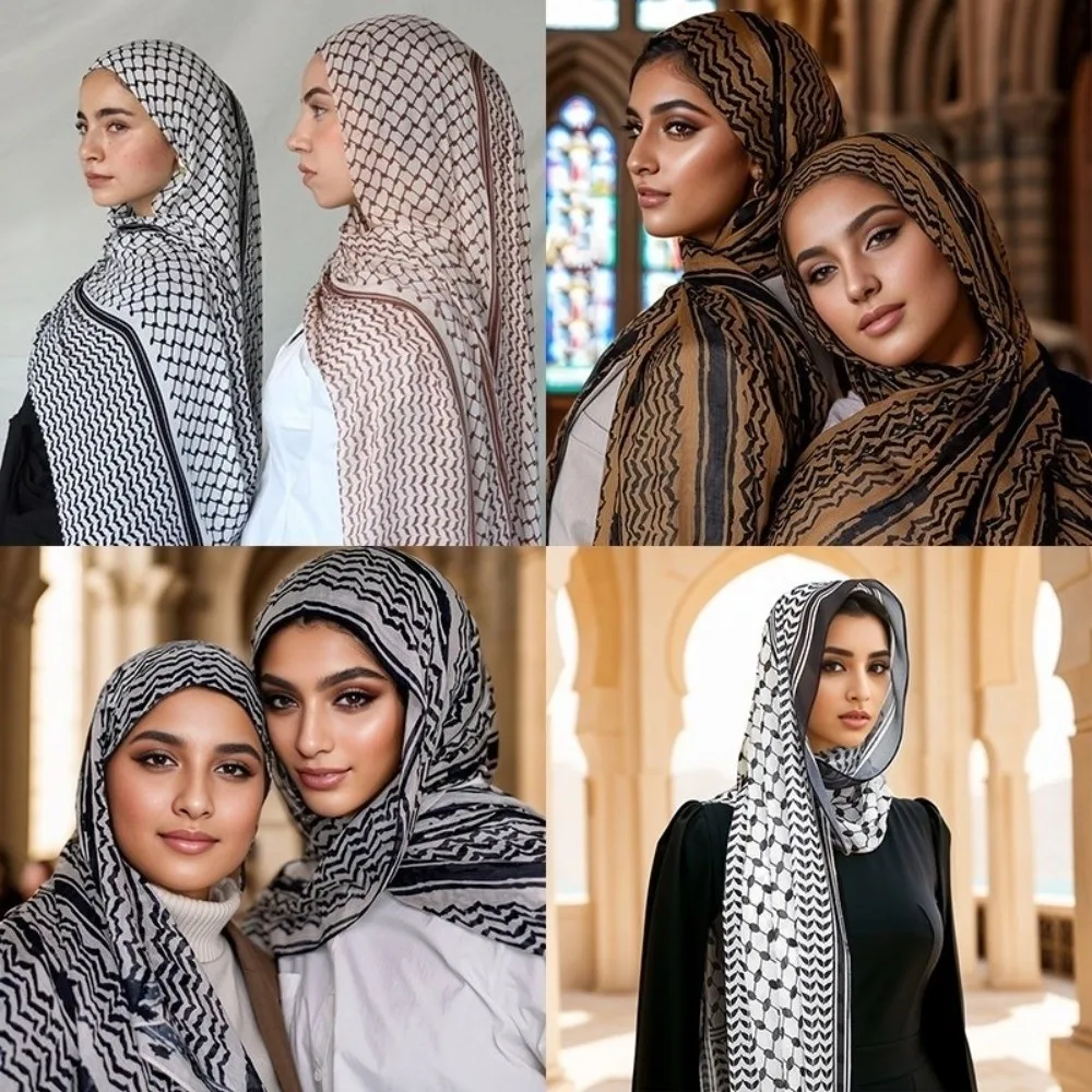 

Retro Plaid Print Keffiyel Headscarf Long Thin Chiffon Hijab Scarf Sunscreen Bandana Islamic Headscarf Party