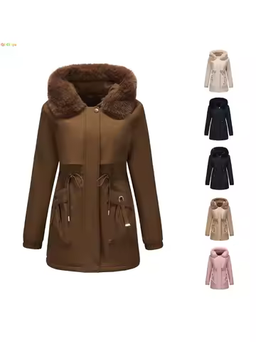 Winter New Arrival Women's Dark Brown Hooded Mid-Length Coat, Stylish and Warm Thick Jacket. Khaki, Black, Blue, Pink Parkas.