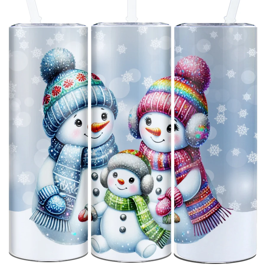 

3D Print Snowman Party Bottle Straw Lid 1Pc 20oz Stainless Steel Straight Cups Hot Cold Insulated Bottle Merry Christmas Mugs