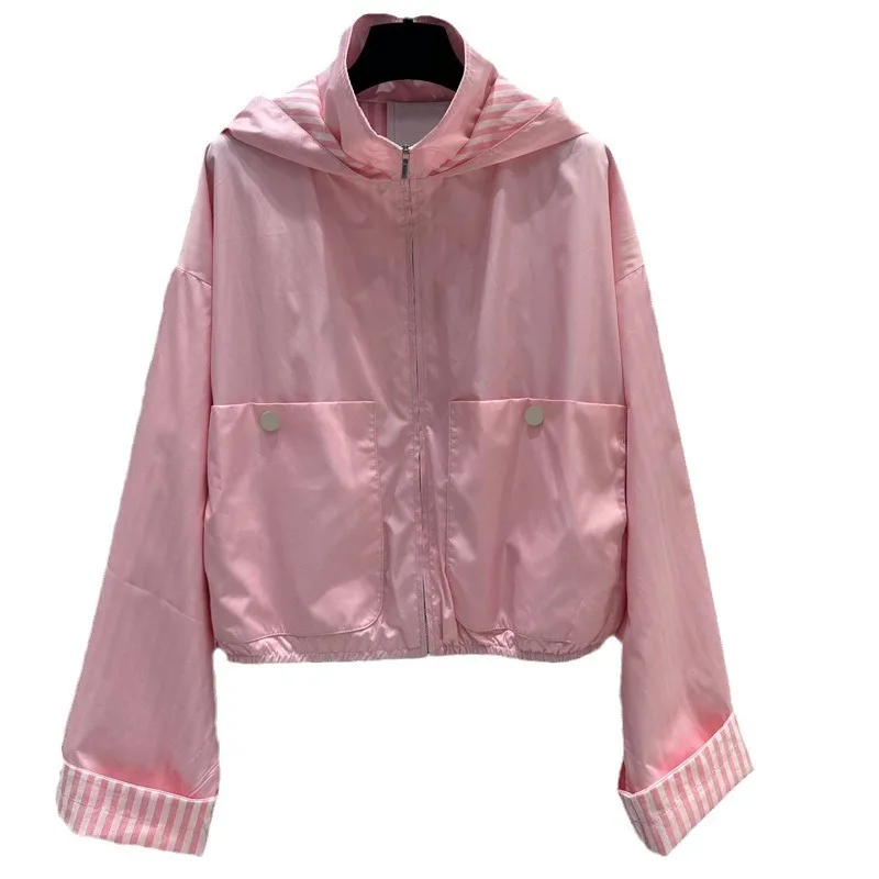 2024 High quality striped patchwork hooded trench coat with a sporty casual and lazy loose fitting short cardigan