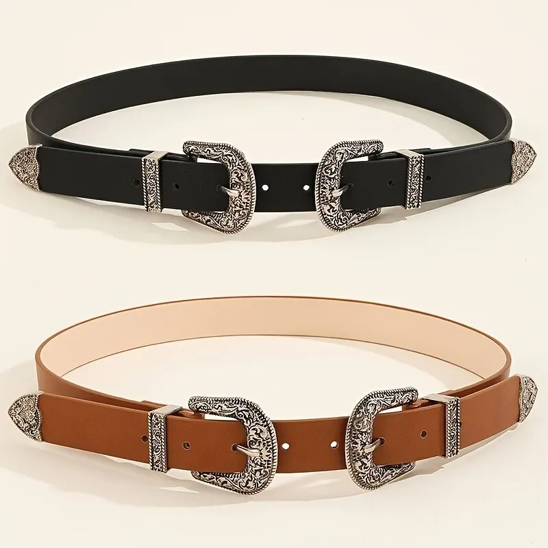 Women's Belt Vintage Carved Buckle Men Belt Fashion Double Buckle Belt Hip Hop Rock Style Y2K Belt PU Leather Belt For Men Women