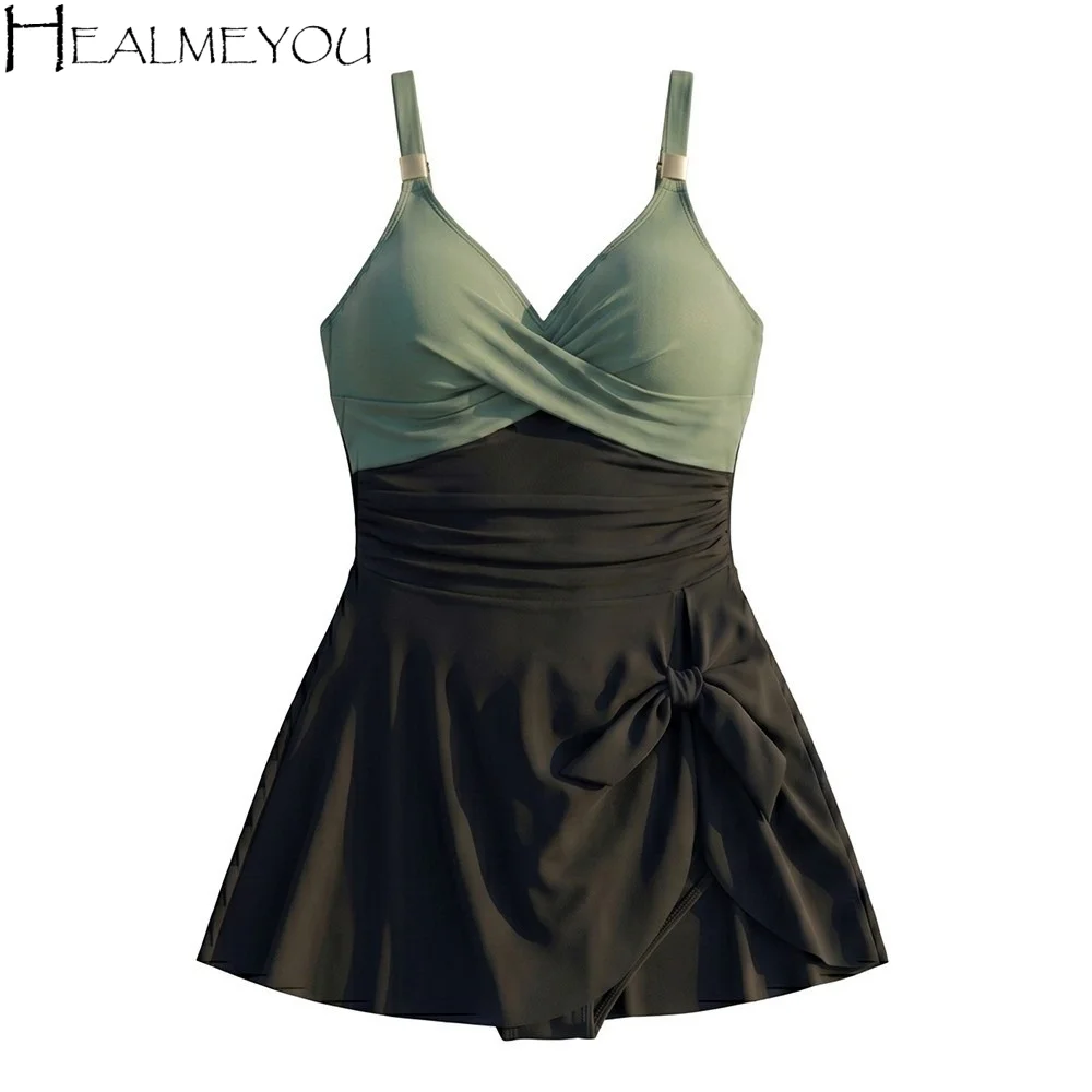 

Breathable Slim Fit Women's Swimming Suit Sleeveless Pleated Skirt Swimsuit V-Neck Beachwear Clothing Bathing Suit Vacation