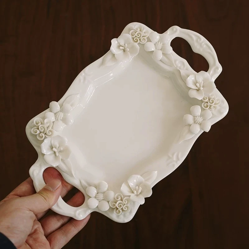 Vintage European Ceramic Floral Double Ear Small Platter Breakfast Snack Dish Exquisite Beautiful Handmade Grade A