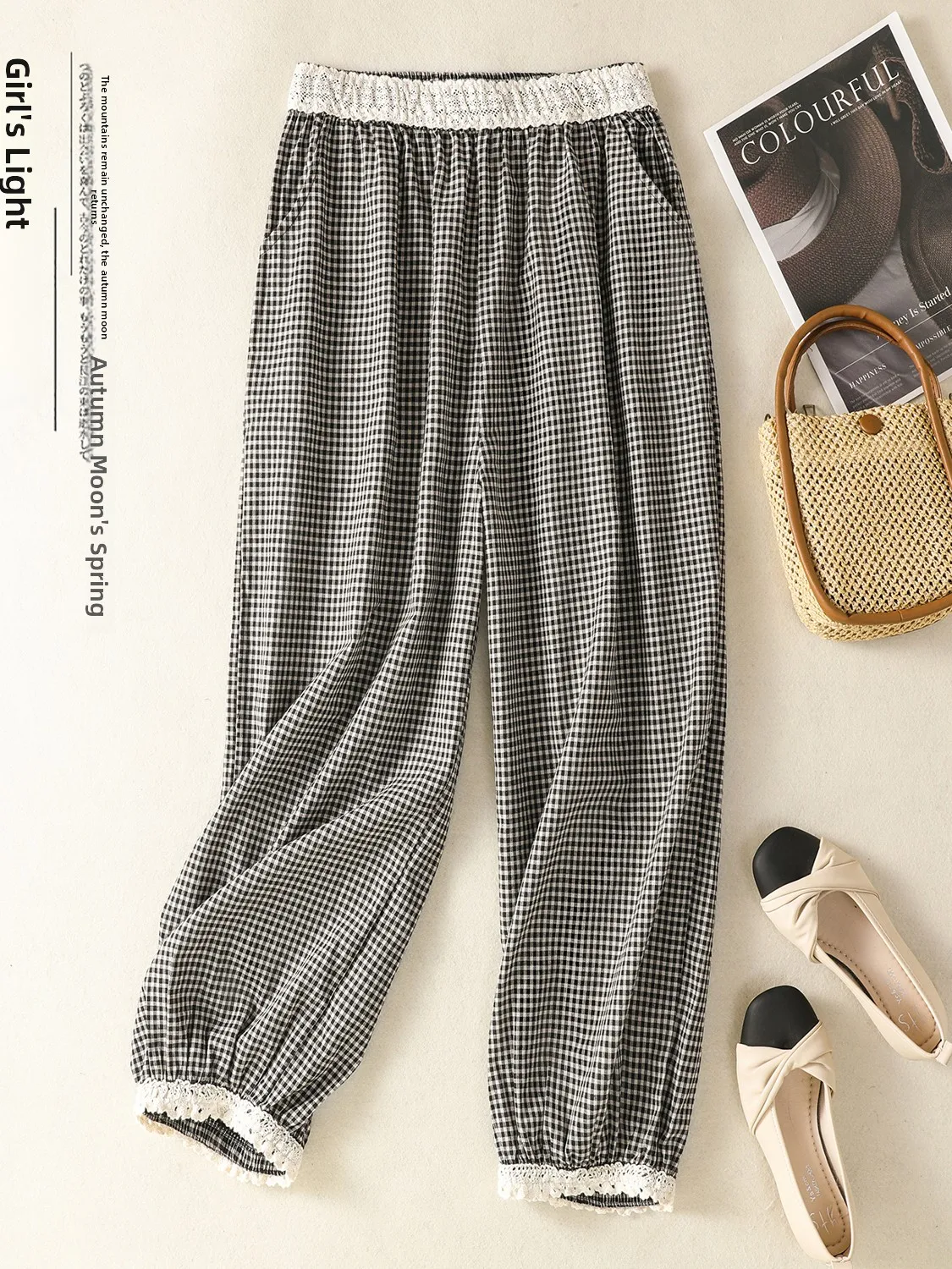 

Retro Cotton Linen Plaid Pants High Waist Patchwork Casual Nine Points Lantern Pants Lace Trim Large Size Comfortable Trousers