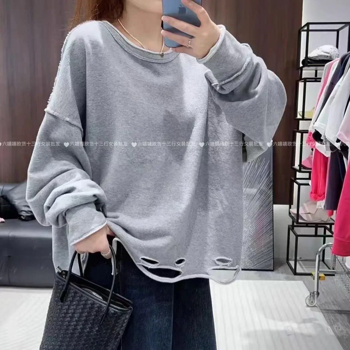 Felpa a maniche lunghe strappata casual girocollo alla moda stile coreano allentato per donna Top personalizzato versatile in tinta unita