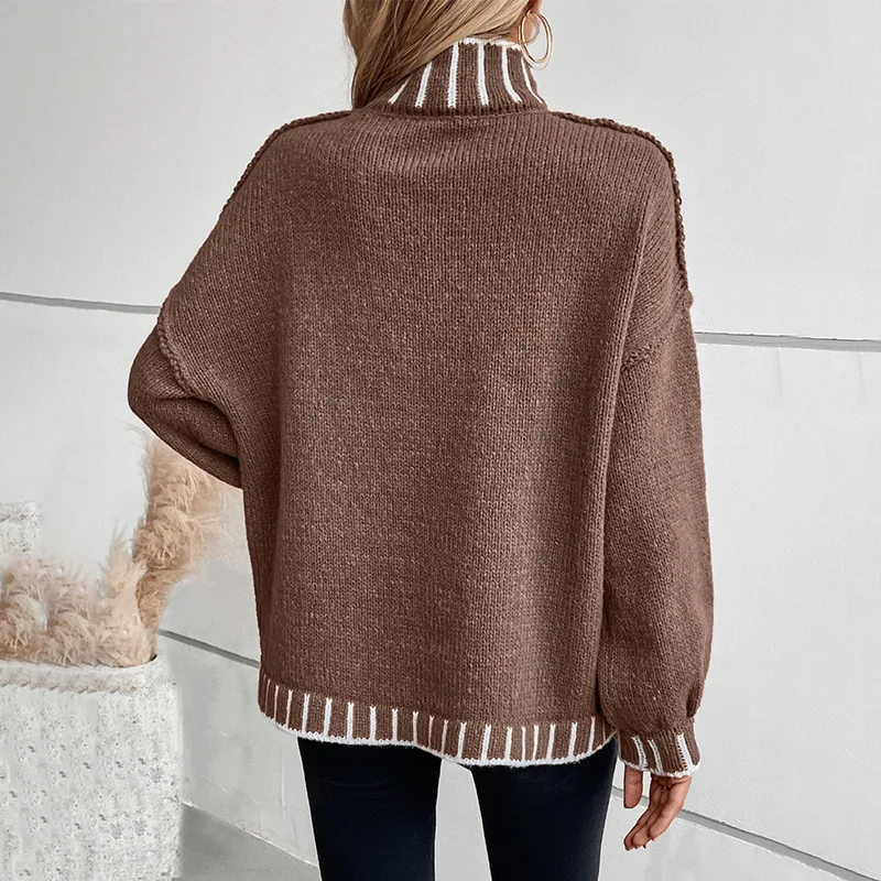 Women's Striped Turtlene Sweater Loose plus Size Knit Top Long Sve Autumn Faion Ladies' Sweater Comfortable Fit Knitwear