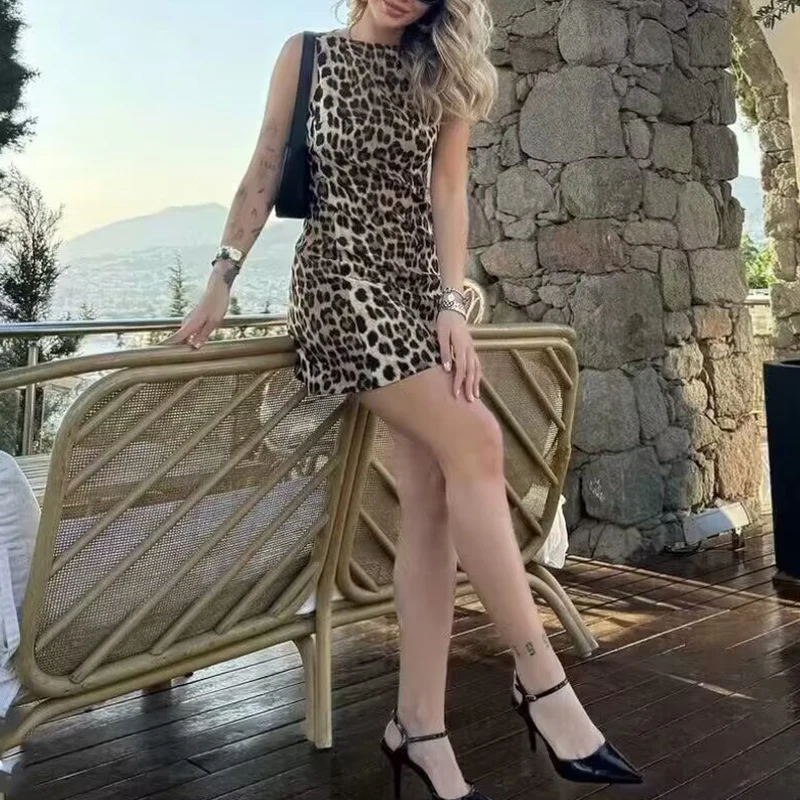 Faionable Leopard Print  Dr Women's Sle ort Length Print Dr Sexy Sle Suitable for All Seasons Polyester Fiber
