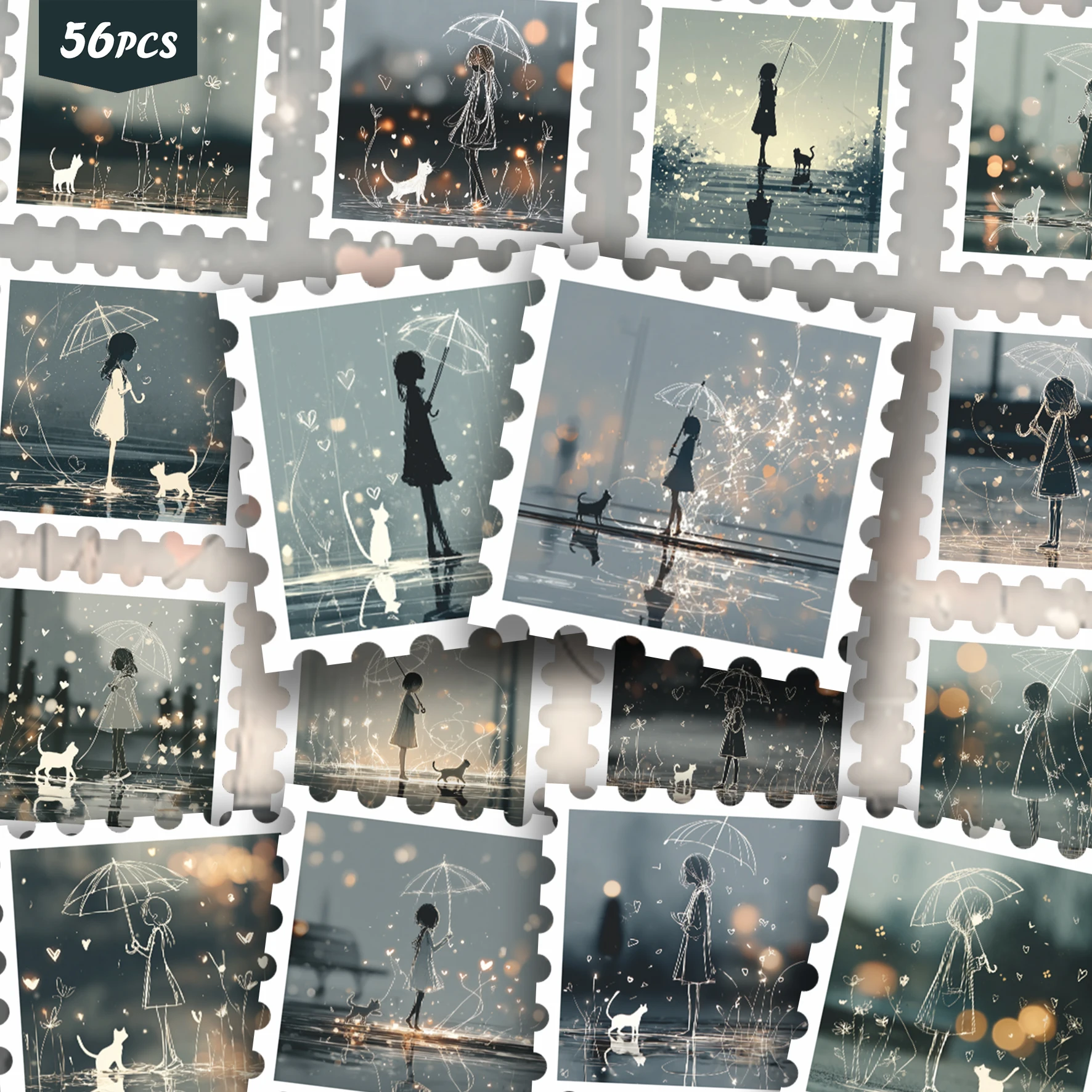 56PCS Night Rain Silhouette Stickers, umbrella figure & pet motifs, soft dreamy aesthetic, ideal for tumblers, for pads and for