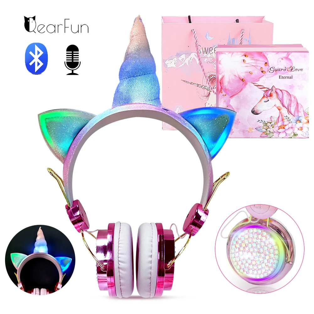 Cute Glowing Unicorn Headphones Wireless Children Headphones with Microphone Stereo Music Phone Headset Kids Headphones Gift