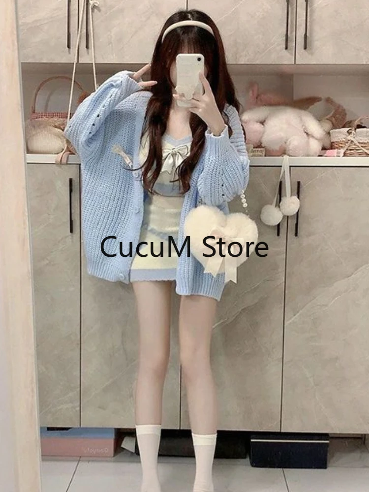 Blue Knitted Suit Woman Loose Casual Sweater + Sexy Vest + Slim Bodycon Mini Skirt Korean Fashion Y2k 3 Piece Skirt Set 2023