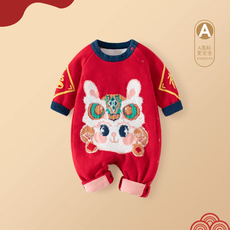 

Jenny&Dave Chinese Style Rabbit Year Bodysuit Class A Pure Cotton Thickened Infant Bodysuit Autumn and Winter Rabbit Unisex Body