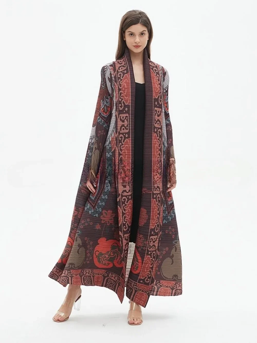 Miyake Pleated Abaya Vintage Printed Long Sleeve Trench Cardigan Dress Women 2025 New Original Designer Cardigan Long Coats