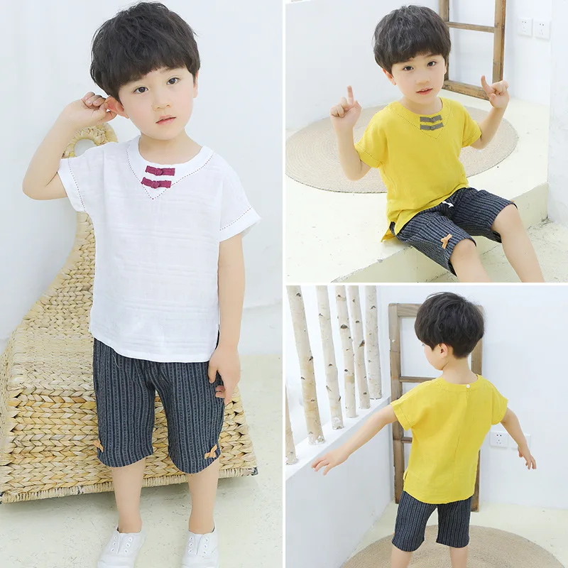 

Chinese Lovely Boys Cotton And Linen Short Sleeve Suit Summer Two Piece Set Fashion Wear Children Traditional Clothing