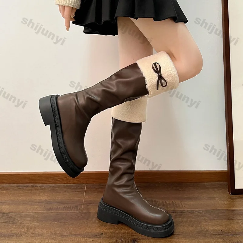 Women's Winter Knee High Brown Long Boots Fashion Comfort Square Heel Platform Boots for Women Thick Bottom Knight Long Booties