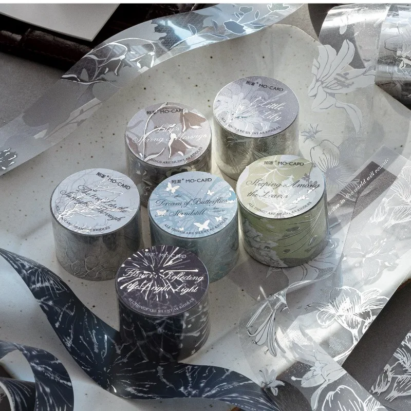 Silver‑Foiled White‑Ink PET Washi Tape, Floral Pattern Decor Tape for Journal Scrapbook DIY Craft Embellishments