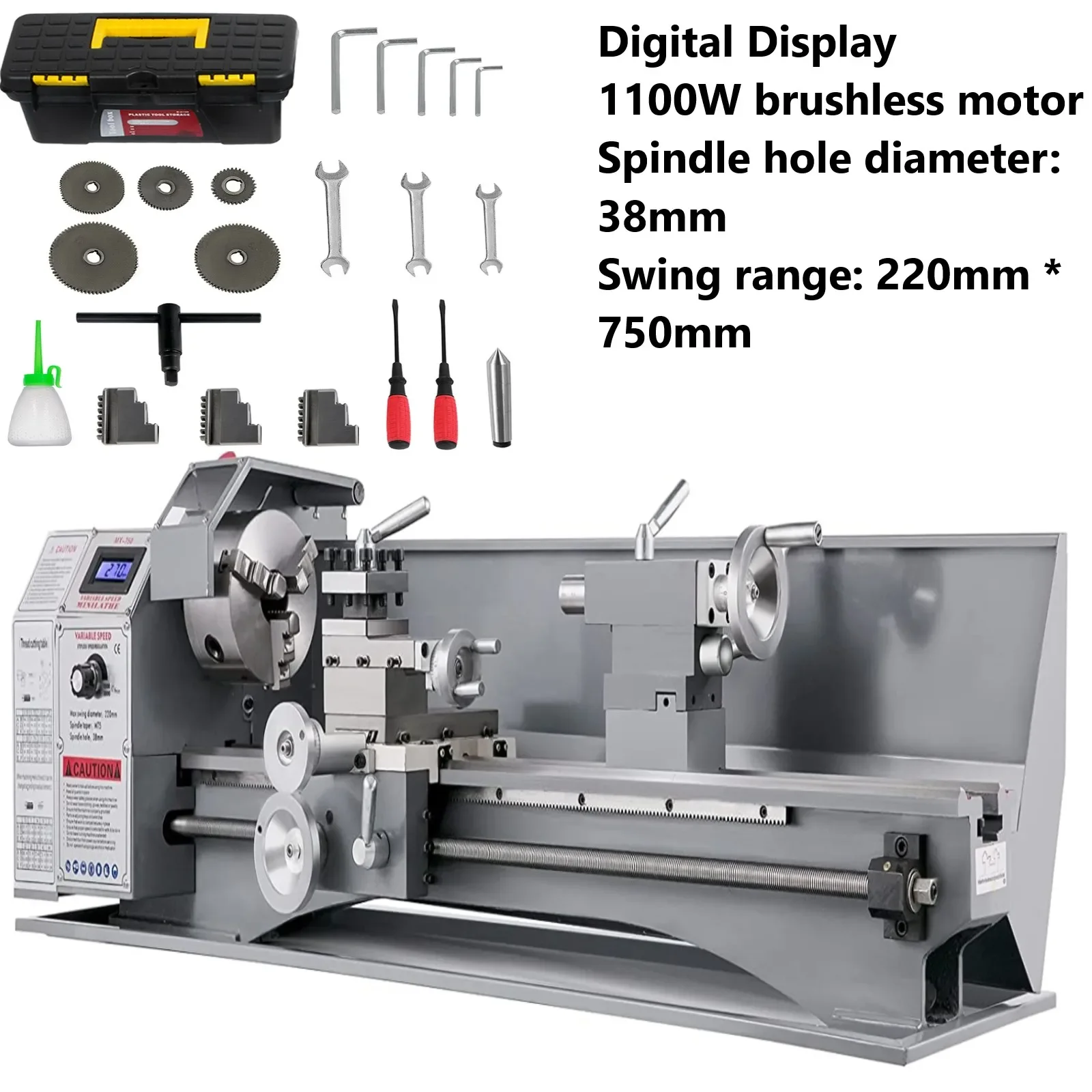 Brushless Motor Lathe Metal 1100W Mini lathe 220 x 750 MM 50-2250RPM (8.7 x 29.5inch) Spindle Through Hole 38mm Digital display