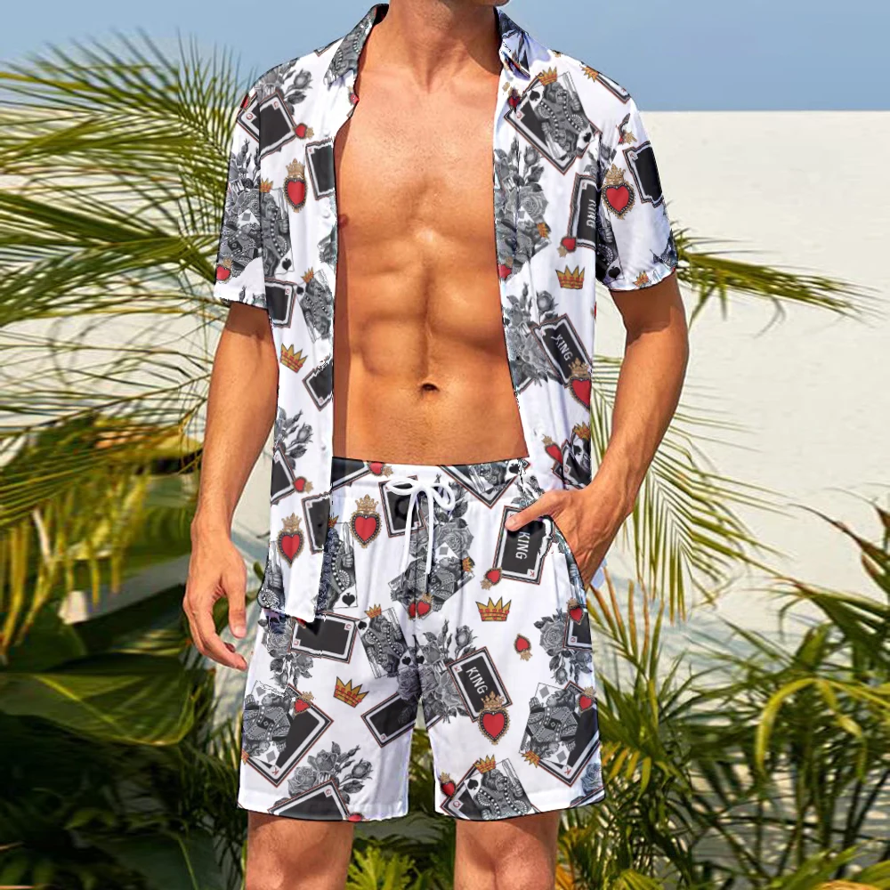 Homens havaiana moda gola flip botão manga curta conjunto de camisa e shorts, King Card Crown Print, jovem casual conjunto de 2 peças, juventude