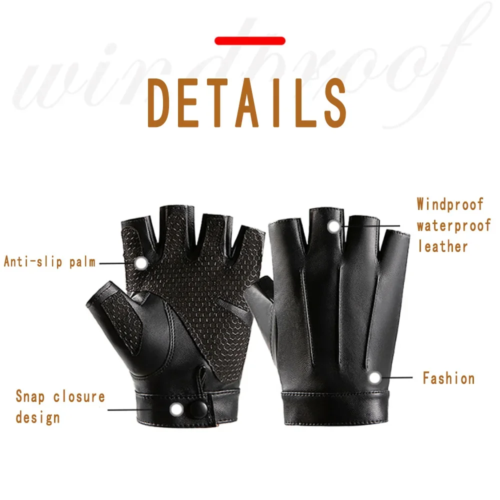 Men Faux Leather Half Finger Motorcycle Gloves Adjustable Wrist Snap Breathable Anti Slip PU  For Motorbike Driving Cycling Punk