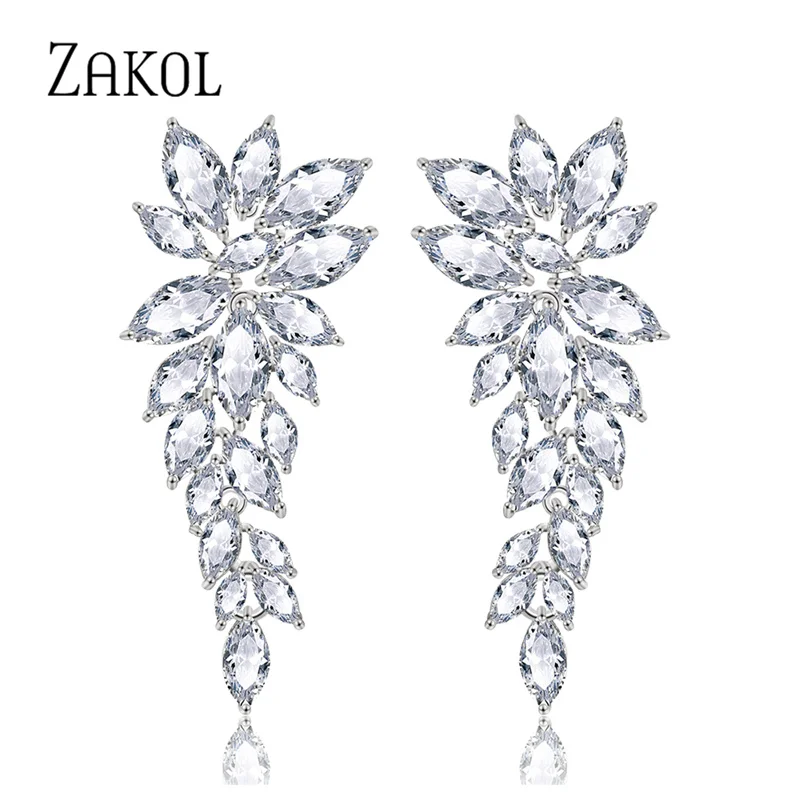 ZAKOL Luxury Marquise Cut Cubic Zirconia Leaf Long Dangle Earrings for Women Bridal Wedding Dinner Jewelry Birthday Gift EP2329