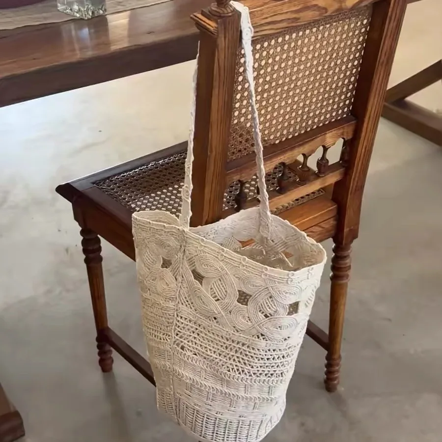 Hand Crocheted Island Cotton Hollow out Bucket Bag Large Capacity Casual Beach Vacation Style Handbag Single Shoulder Bag for...