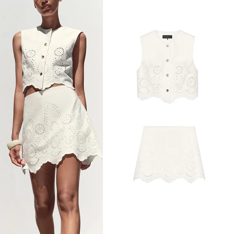 

Cotton Embroidered Hollow out Vest Top And High Waist Skirt Pants Two Piece Set round Ne Button up ort Sve Women's Fas...