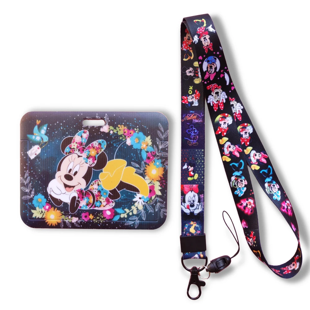 Horizontal Disney Mickey Minnie Men's Bank Card Holder Students Bus Card Case Lanyard Visit Door Identity Badge Small Gift