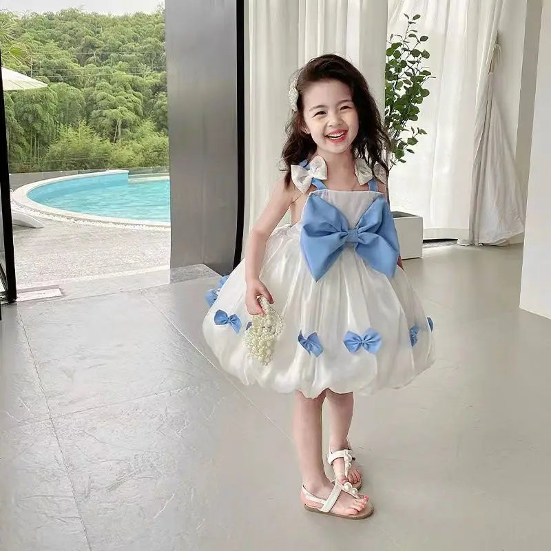 

Girls' Dress Summer Children's Princess Dress Fresh Baby Girl Sling Dress Bow Fake Two-Piece Suit Skirt