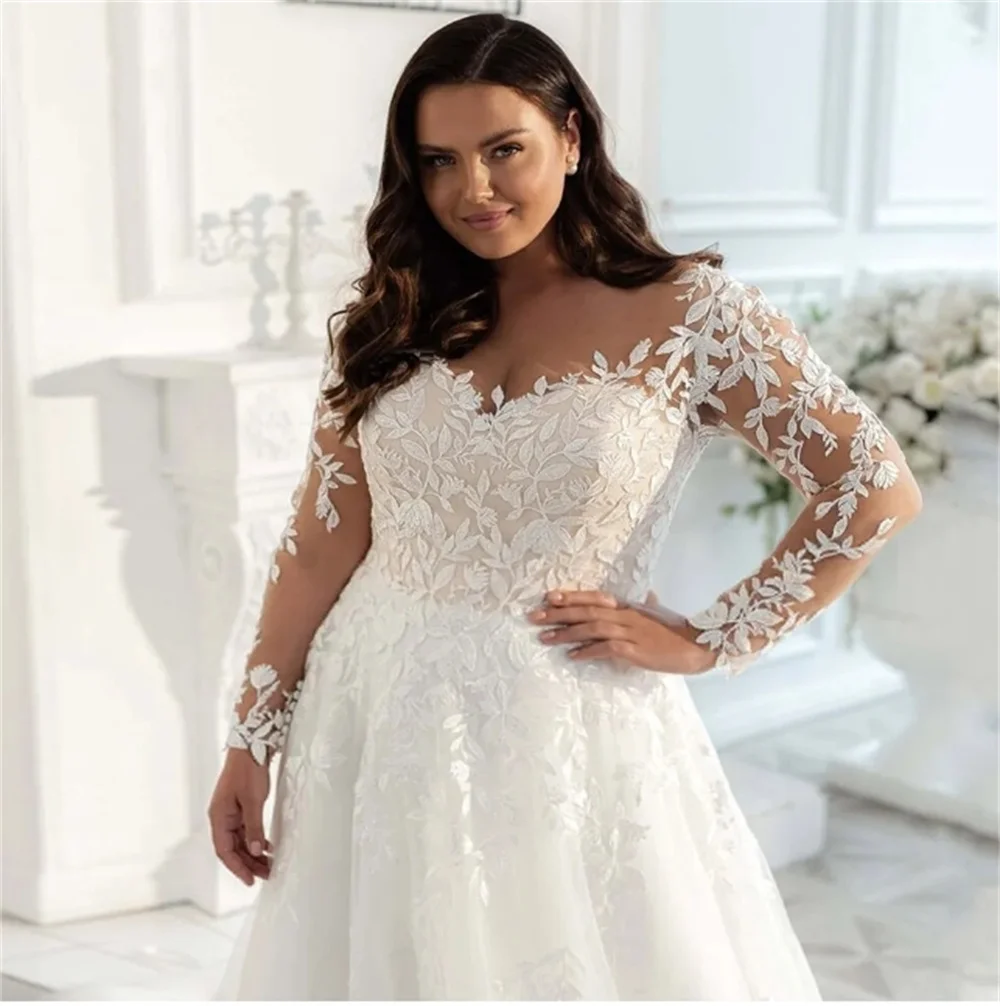 Beautiful Plus Size Wedding Dress Lace Appliques Sheer V-Neck Long Sleeves A-Line Tulle Vestidos Floor-Length Bridal Gown