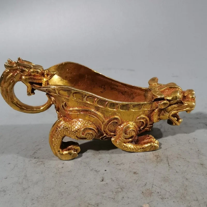 Antique and miscellaneous collectibles: Qing Dynasty Qianlong era gilded brass Pixiu wine , five-dragon cup, craft gift