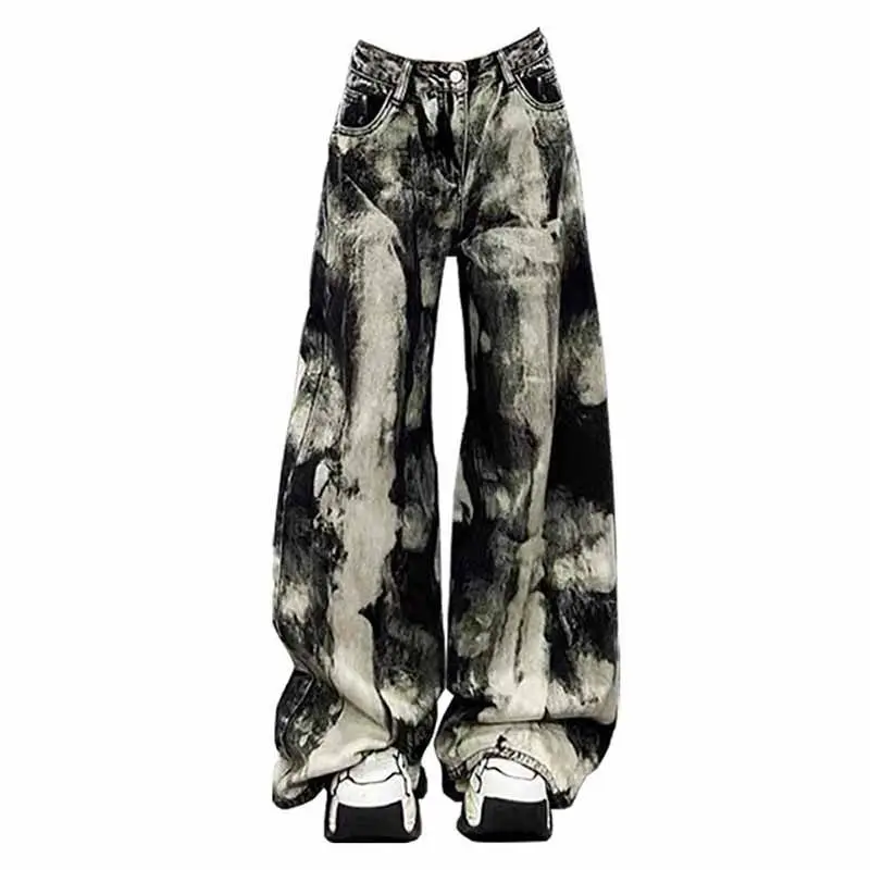 Plus Size Street Tie Dye Retro Cool Hot Girl Loose Straight Jeans Women Splash Ink Wide Leg Pants Trendy