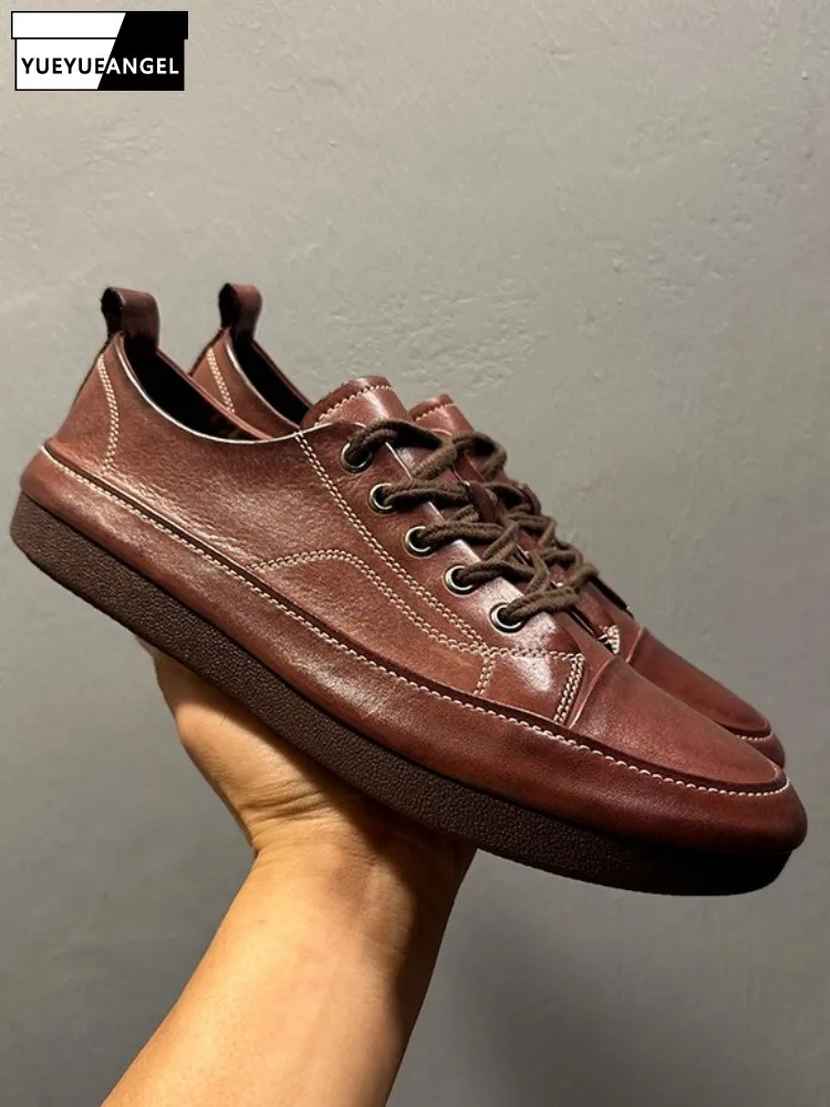 

Work Men Lace-Up Shoes High-Quality Horsehide Casual Shoes Increased Height Soft Soled Low Cut Shoes Cow Leather Lining Footwear