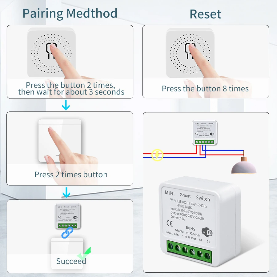 16A Tuya Smart WiFi Switch 2 Way Control RF433MHz Wireless Panel Switch DIY Module SmartLife APP Alexa Google Home Voice Control